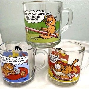 Vintage GARFIELD 1978 MC'DONALDS GLASS MUG CUPS HANDLE Lot Of 3